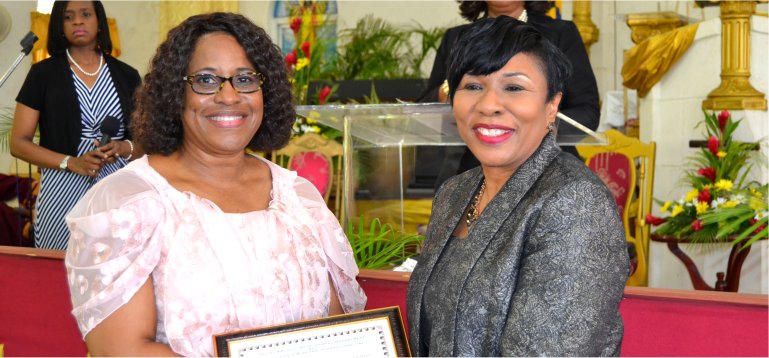 Dr. Angela Smith Principal of Gorden Greenidge school Barbados honoured for 40 years in the field of Education by Mount Zion's Missions Inc Barbados Foursquare Church