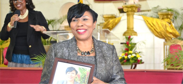 Dr. Angela Smith Principal of Gorden Greenidge school Barbados honoured for 40 years in the field of Education by Mount Zion's Missions Inc Barbados Foursquare Church