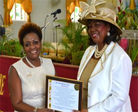 Faith Marshall-Harris was honoured at Mount Zion's Mission Foursquare Barbados Church